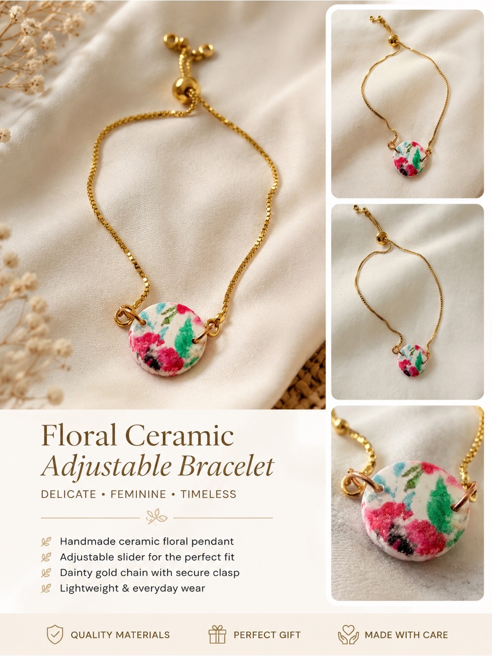 Gold Chain Bracelet with Floral Round Pendant